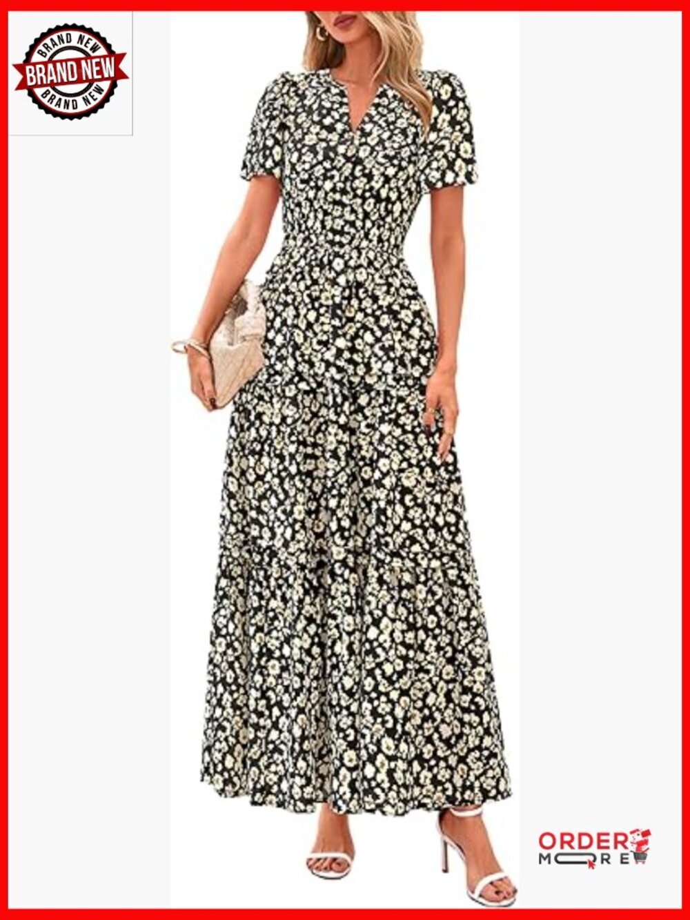 Summer Boho Maxi Dress Floral V Neck Short Sleeve Tiered Beach Vacation A-Line
